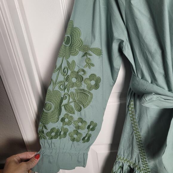 Julia Amory Dress Womens 2XL Green Coatue Caftan Embroidered Boho Maxi Belted - Picture 3 of 13